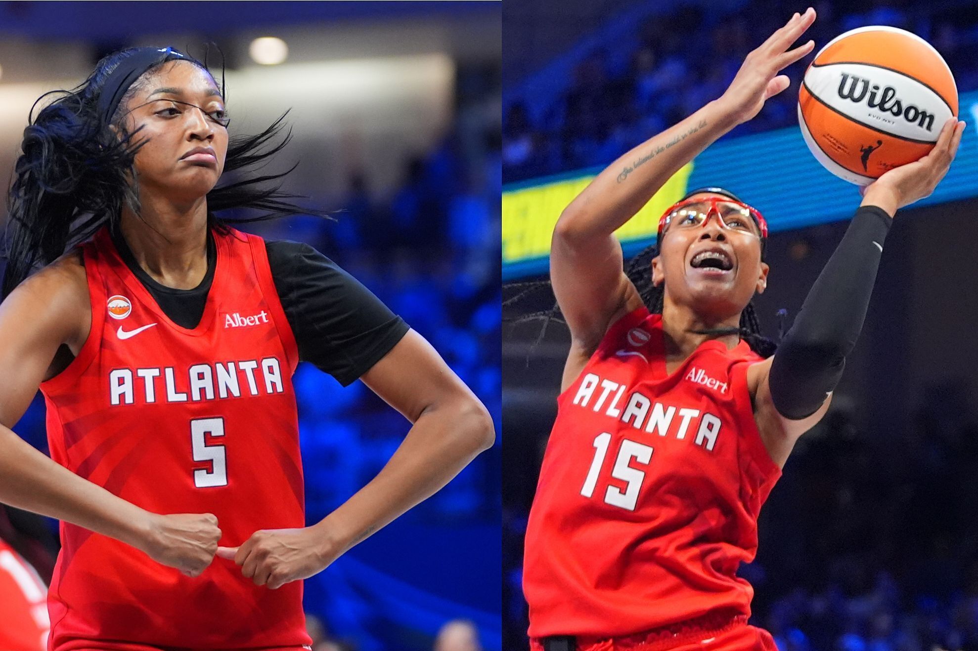 Angel Reese wearing Atlanta Dream number 5 and Allisha Gray wearing number 15 pictured in red Atlanta uniforms in 2026